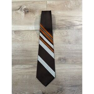 John Frederics 70s VTG Mens Brown Orange White Striped Polyester Necktie